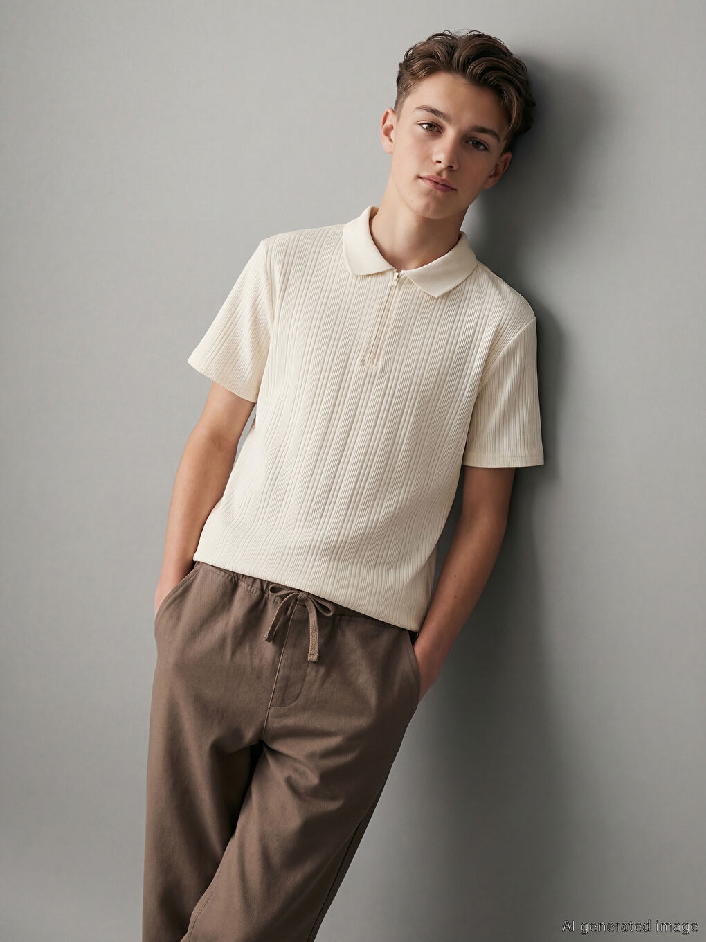 Bej Polo Yaka Erkek Çocuk Tişört-1