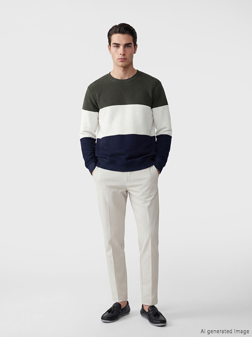 سويتر رجالي بكول مدور وبلوك ديال الألوان-1