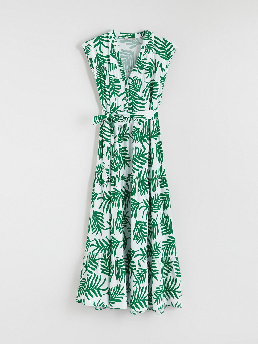 Yeşil Kaçık Yaka Desenli Beli Kuşaklı Elbise-4