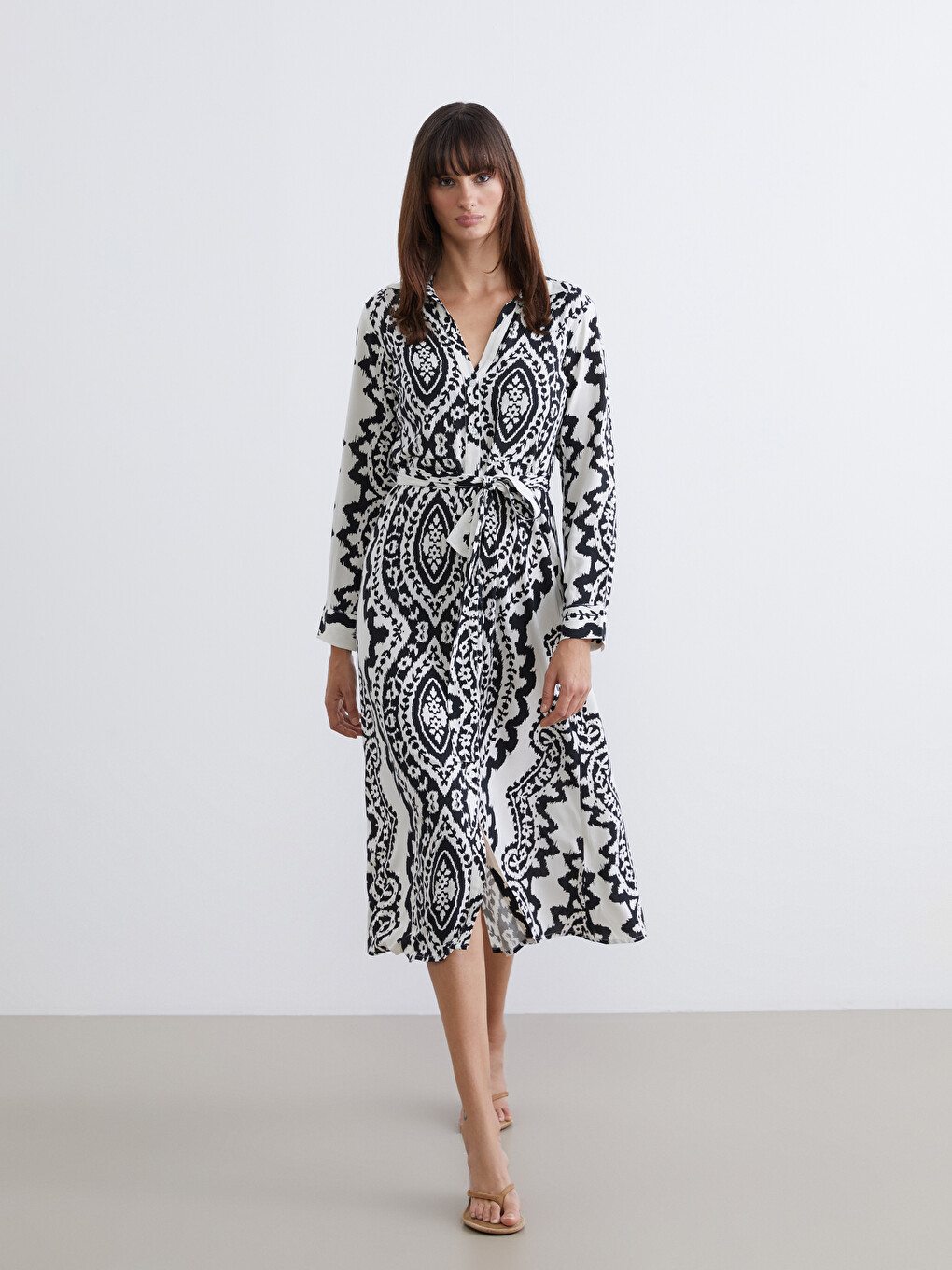 Patterned Belted Poplin Shirt Dress