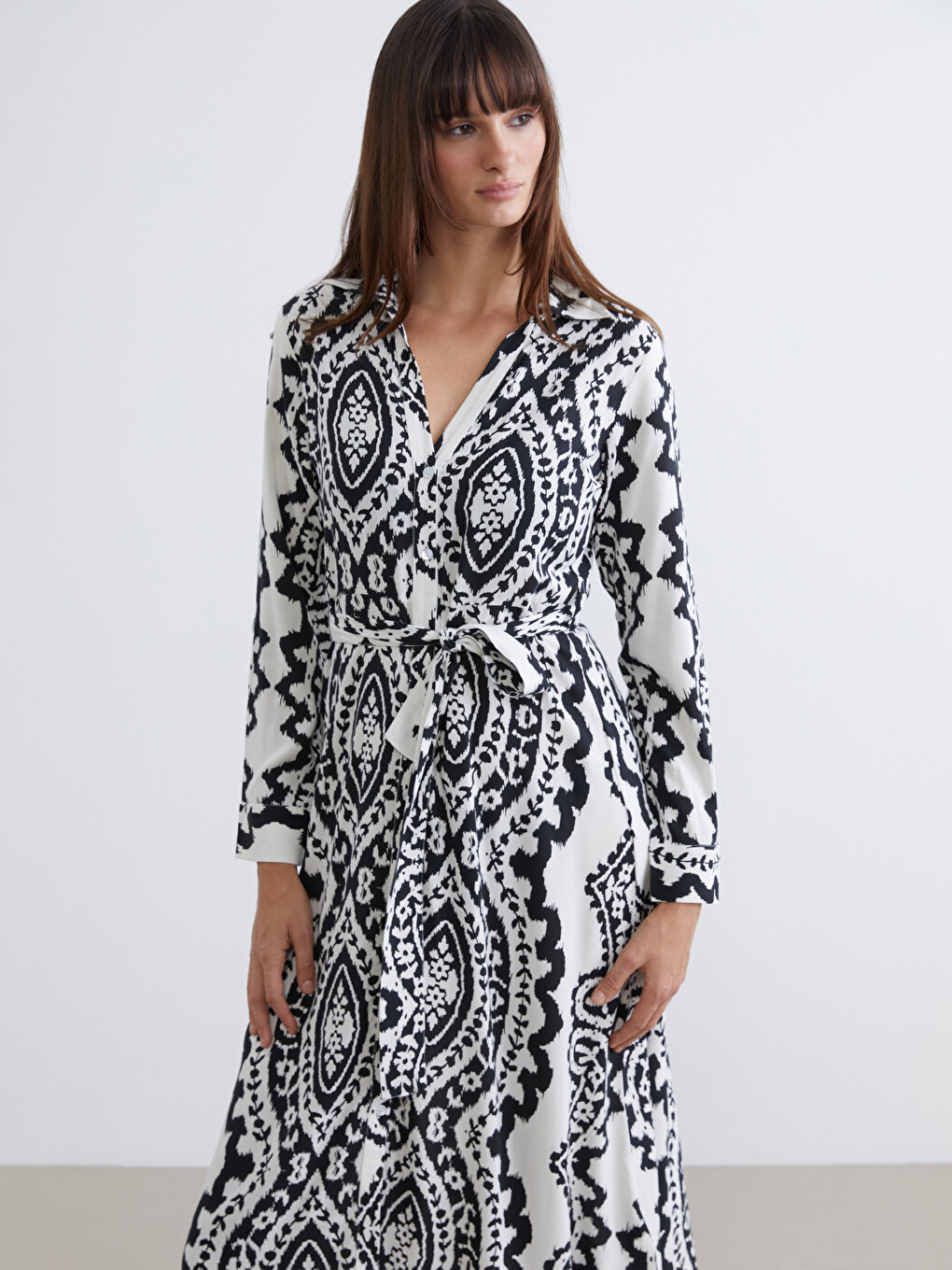 Patterned Belted Poplin Shirt Dress-1
