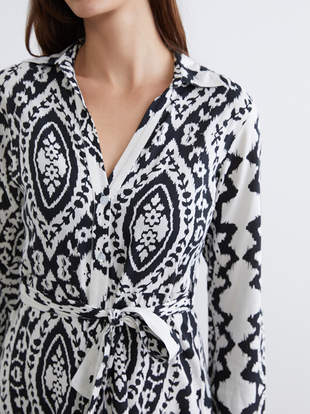 Patterned Belted Poplin Shirt Dress-2