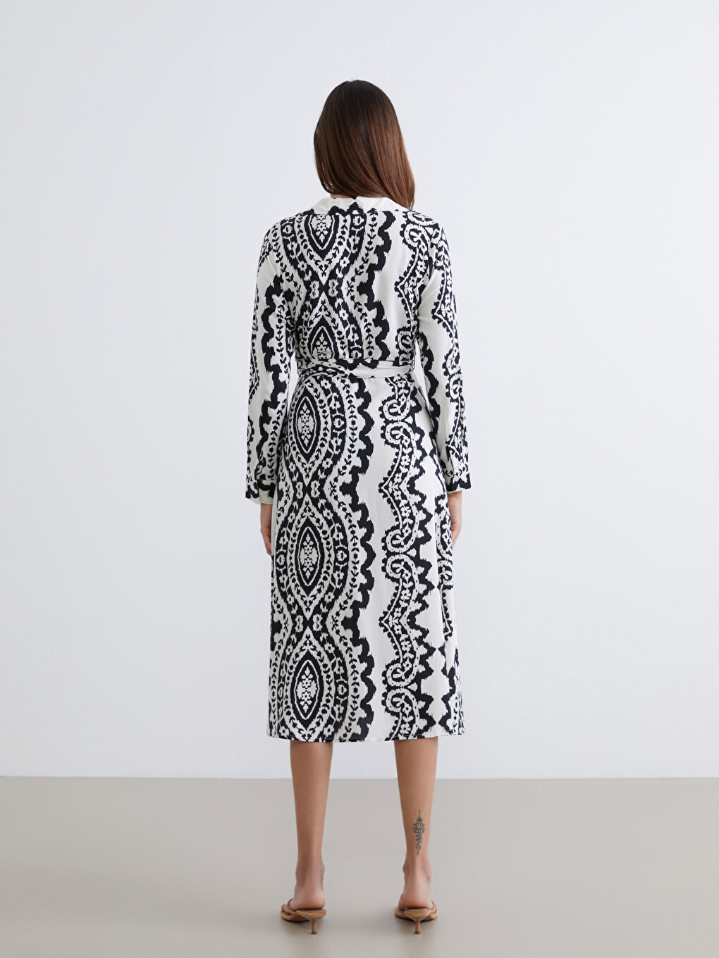 Patterned Belted Poplin Shirt Dress-3