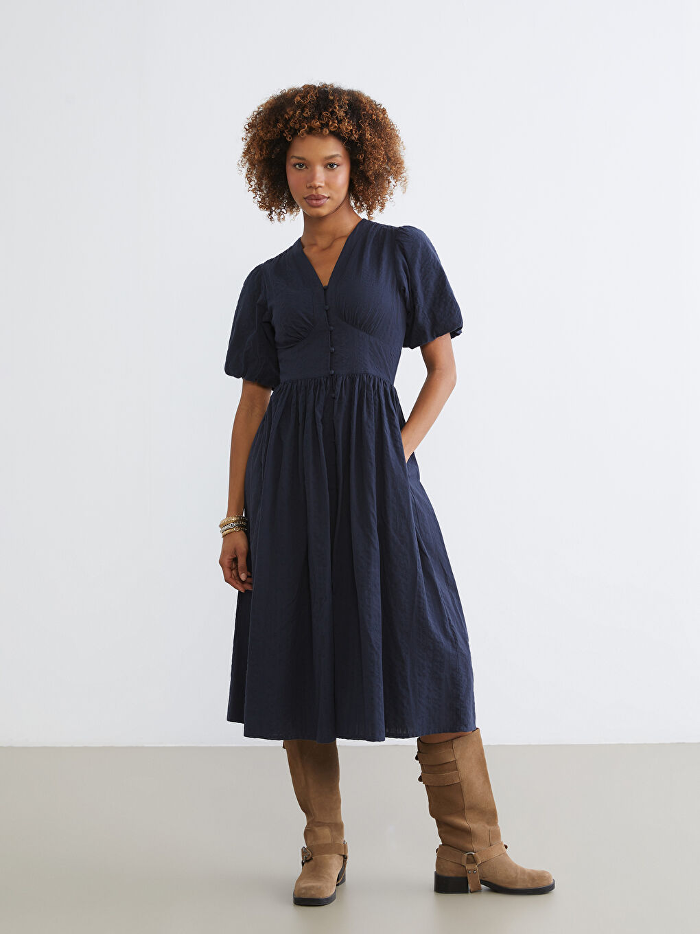 V-Neck Textured Fitted Waist Dress