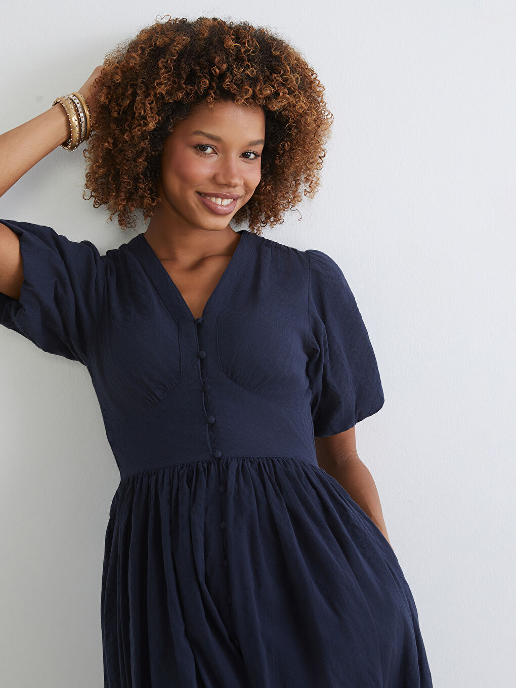 V-Neck Textured Fitted Waist Dress-1