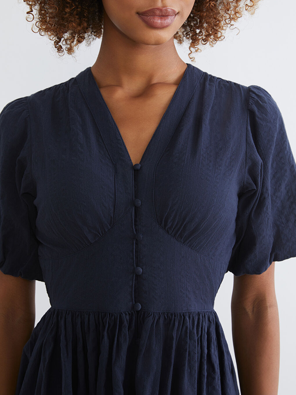 V-Neck Textured Fitted Waist Dress-2