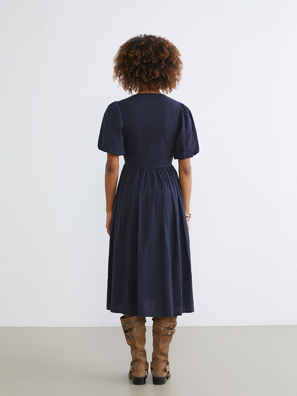 V-Neck Textured Fitted Waist Dress-3