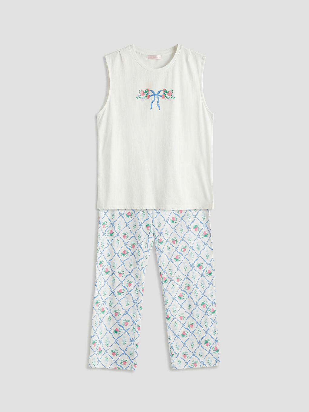 Ekru Bisiklet Yaka Baskılı Kadın Pijama Takımı