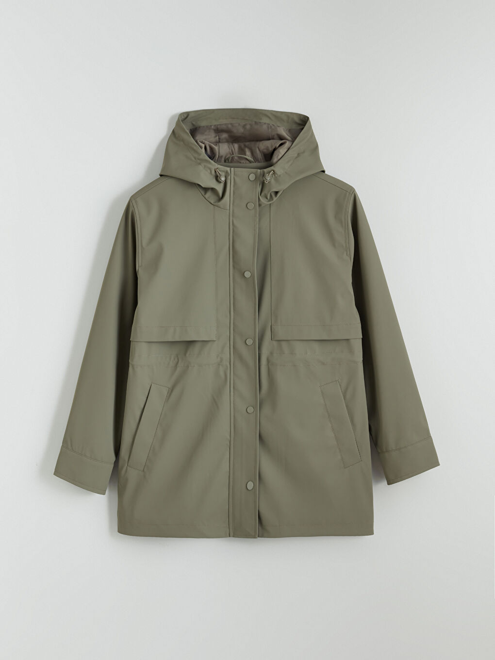 Yeşil Kapüşonlu Kadın Deri Görünümlü Yağmurluk-5