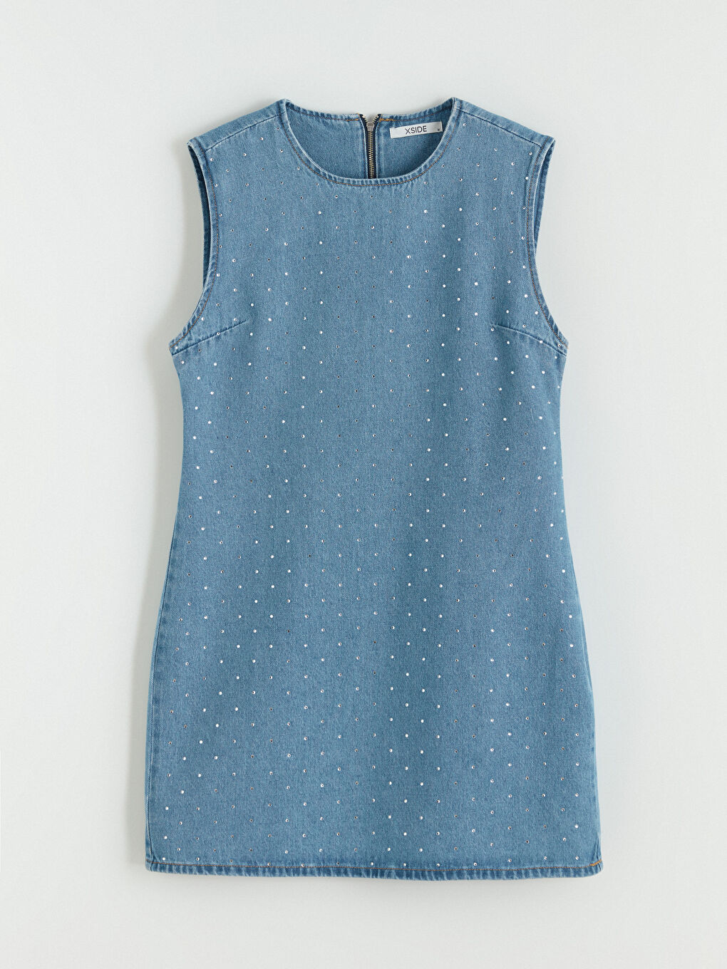 Rochie Mini din Denim cu Guler Rotund și Încrustată cu Ștrasuri-4