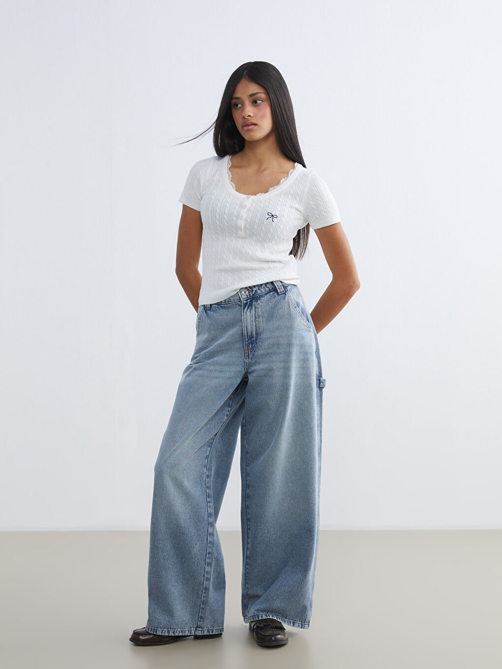 Women's Knit Sweater with U-Neck and Bow Embroidery-1