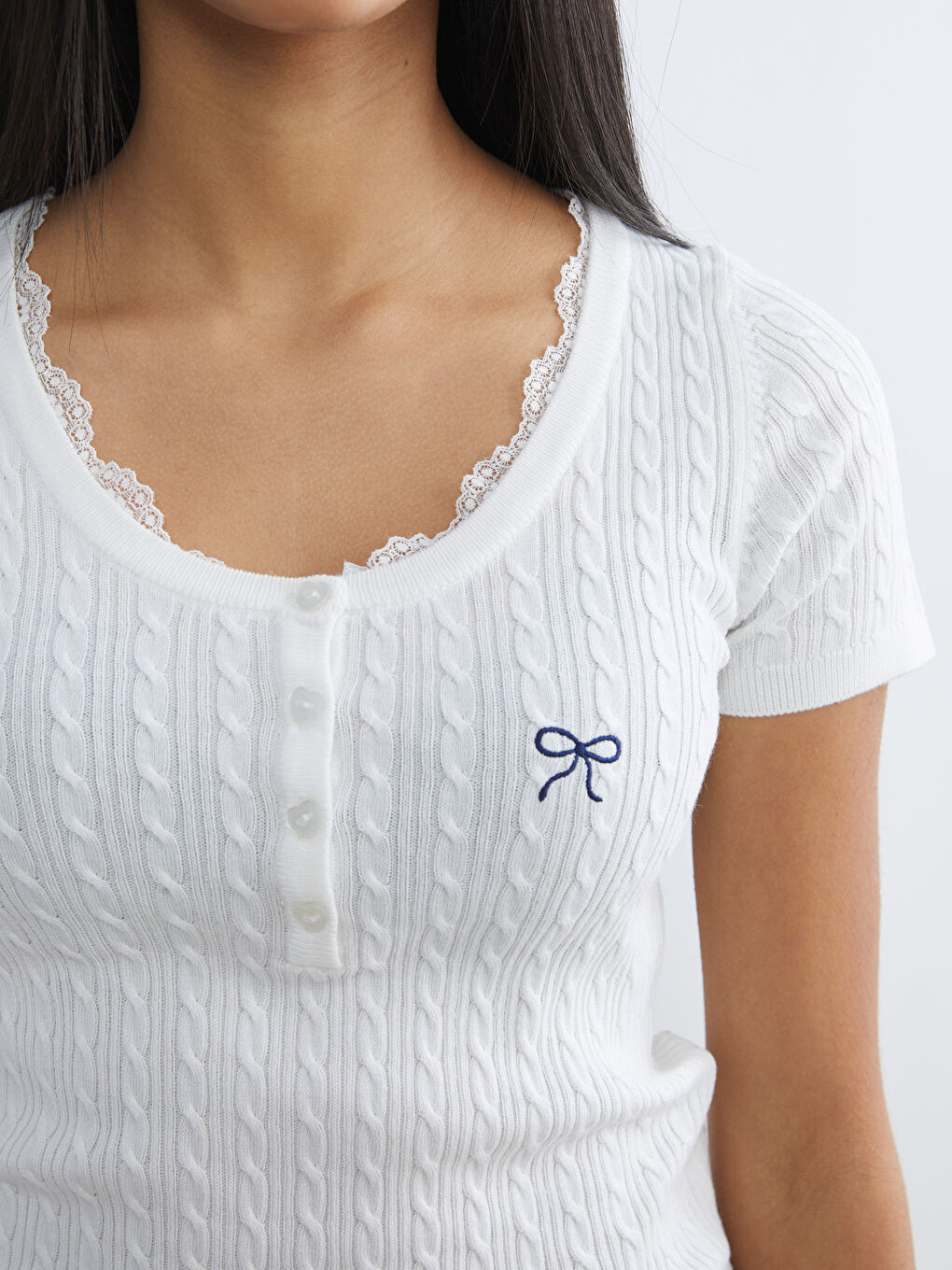 Women's Knit Sweater with U-Neck and Bow Embroidery-2