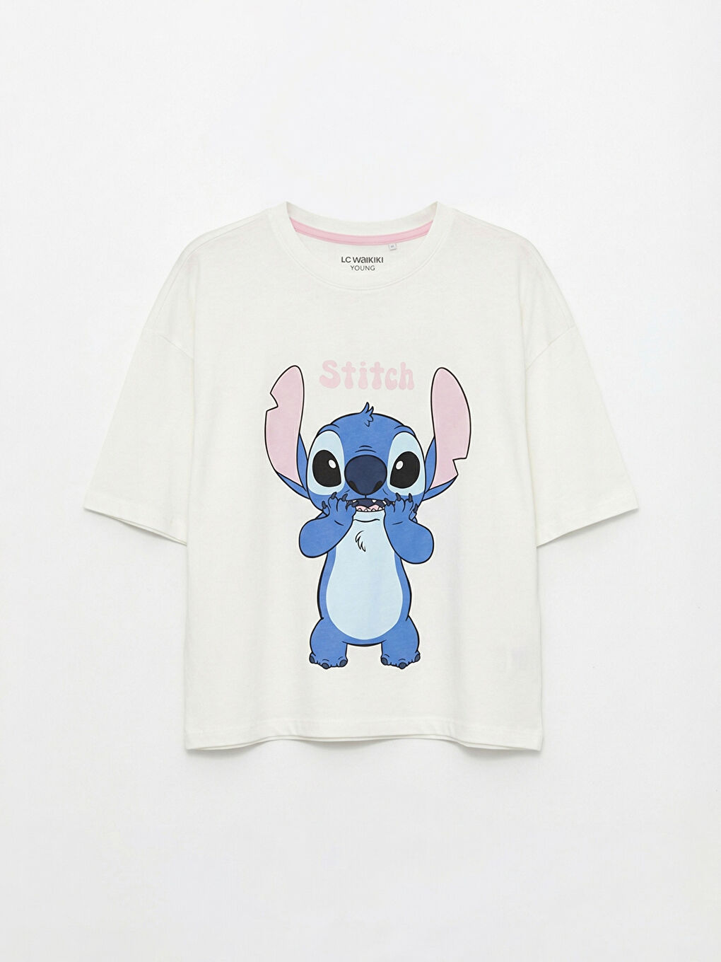 Ekru Bisiklet Yaka Stitch Baskılı Kadın Pijama Üstü