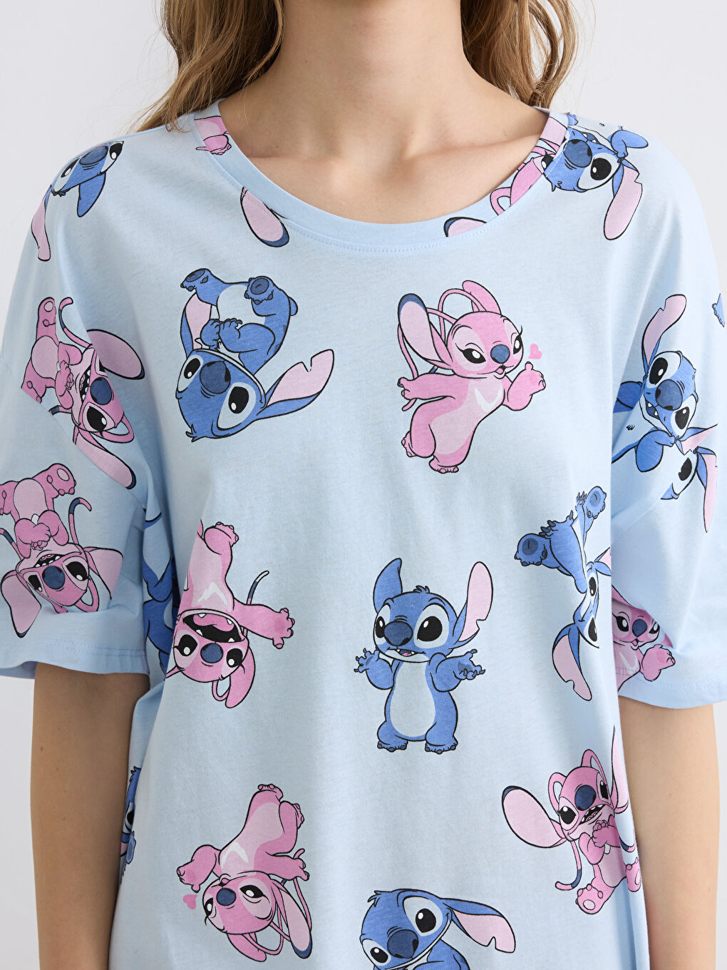 Mavi Bisiklet Yaka Stitch ve Angel Baskılı Kadın Gecelik-2