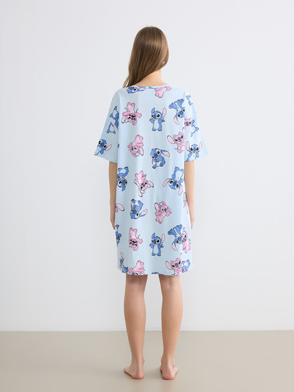 Mavi Bisiklet Yaka Stitch ve Angel Baskılı Kadın Gecelik-3