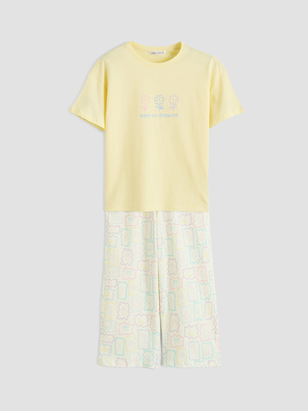 Ekru Bisiklet Yaka Baskılı Kadın Pijama Takım