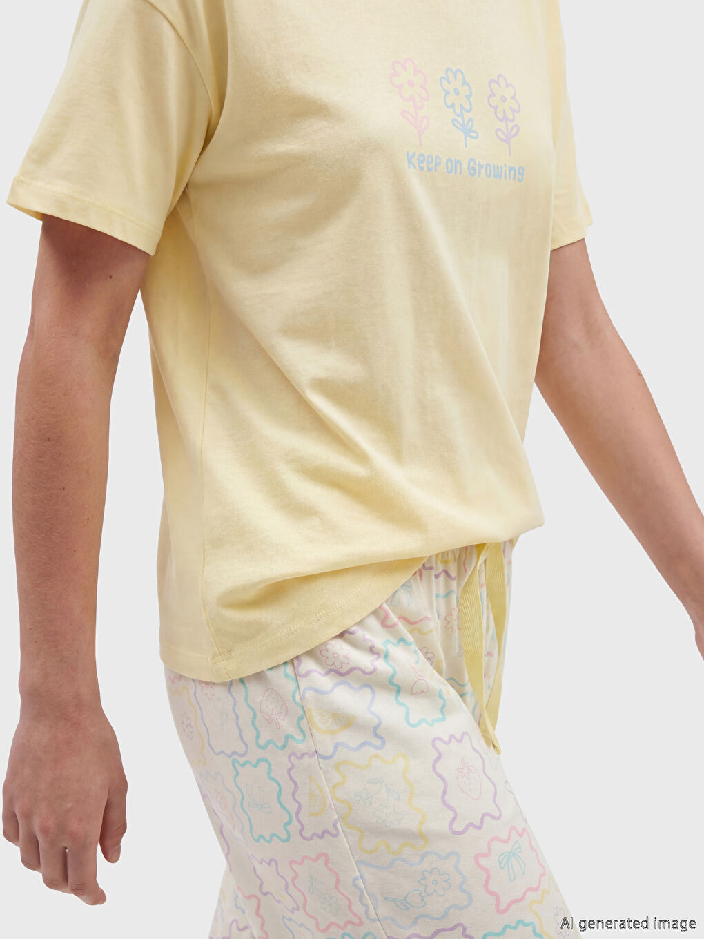 Ekru Bisiklet Yaka Baskılı Kadın Pijama Takım-2