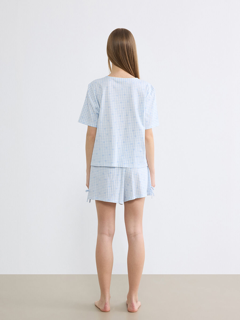 Lila V Yaka Ekose Kadın Şortlu Pijama Takımı-3