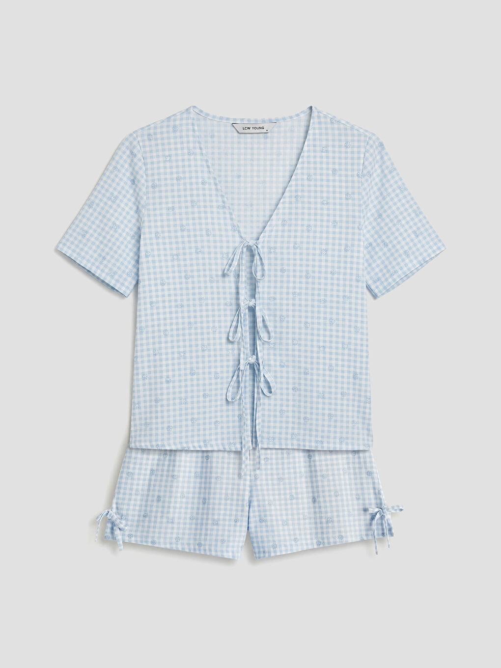 Lila V Yaka Ekose Kadın Şortlu Pijama Takımı-4