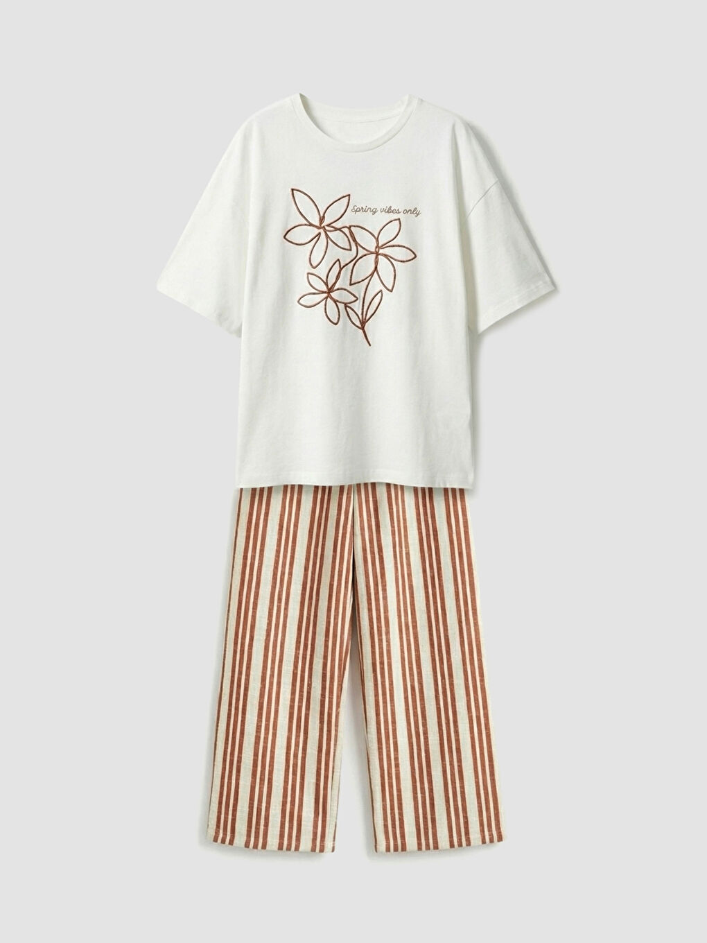 Ekru Baskılı Kız Çocuk Tişört ve Pantolon