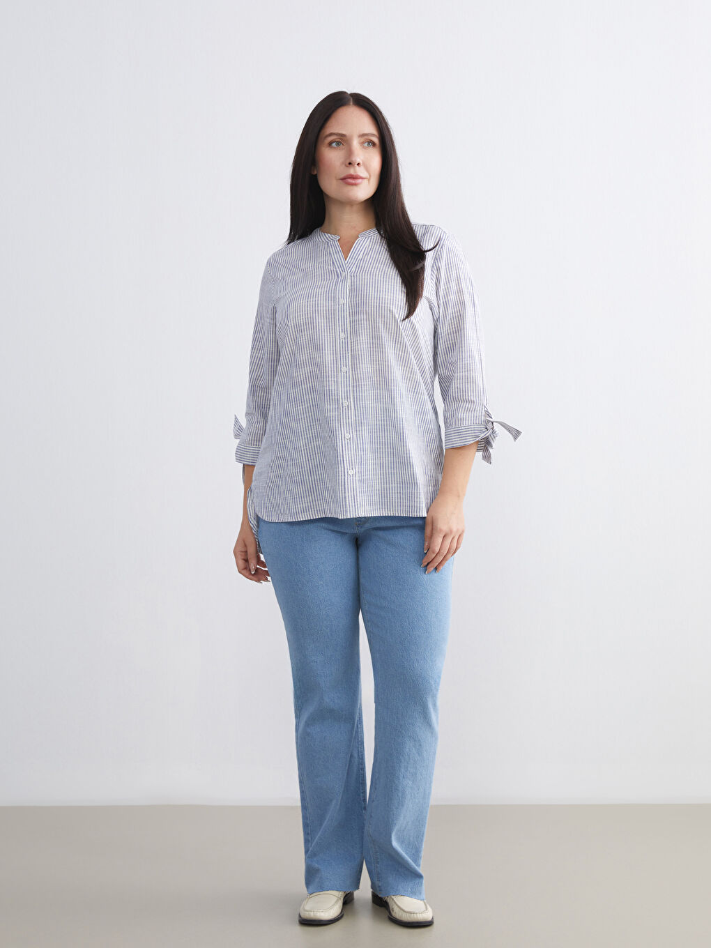 Plus Size Off-the-Shoulder Striped Women's Shirt-1