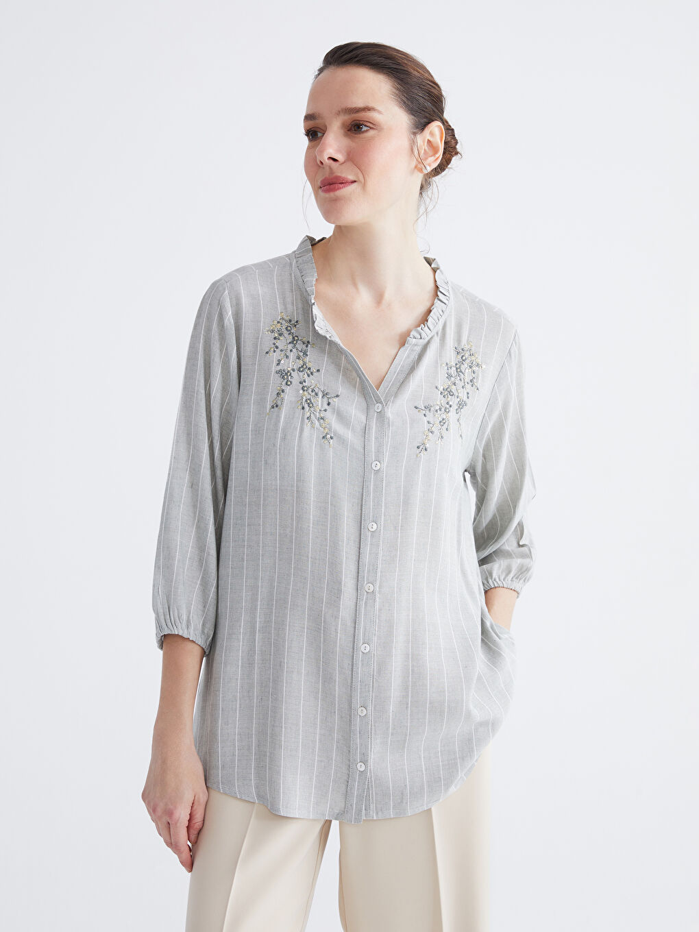 The Asymmetric Neck Striped Linen-Blend Blouse