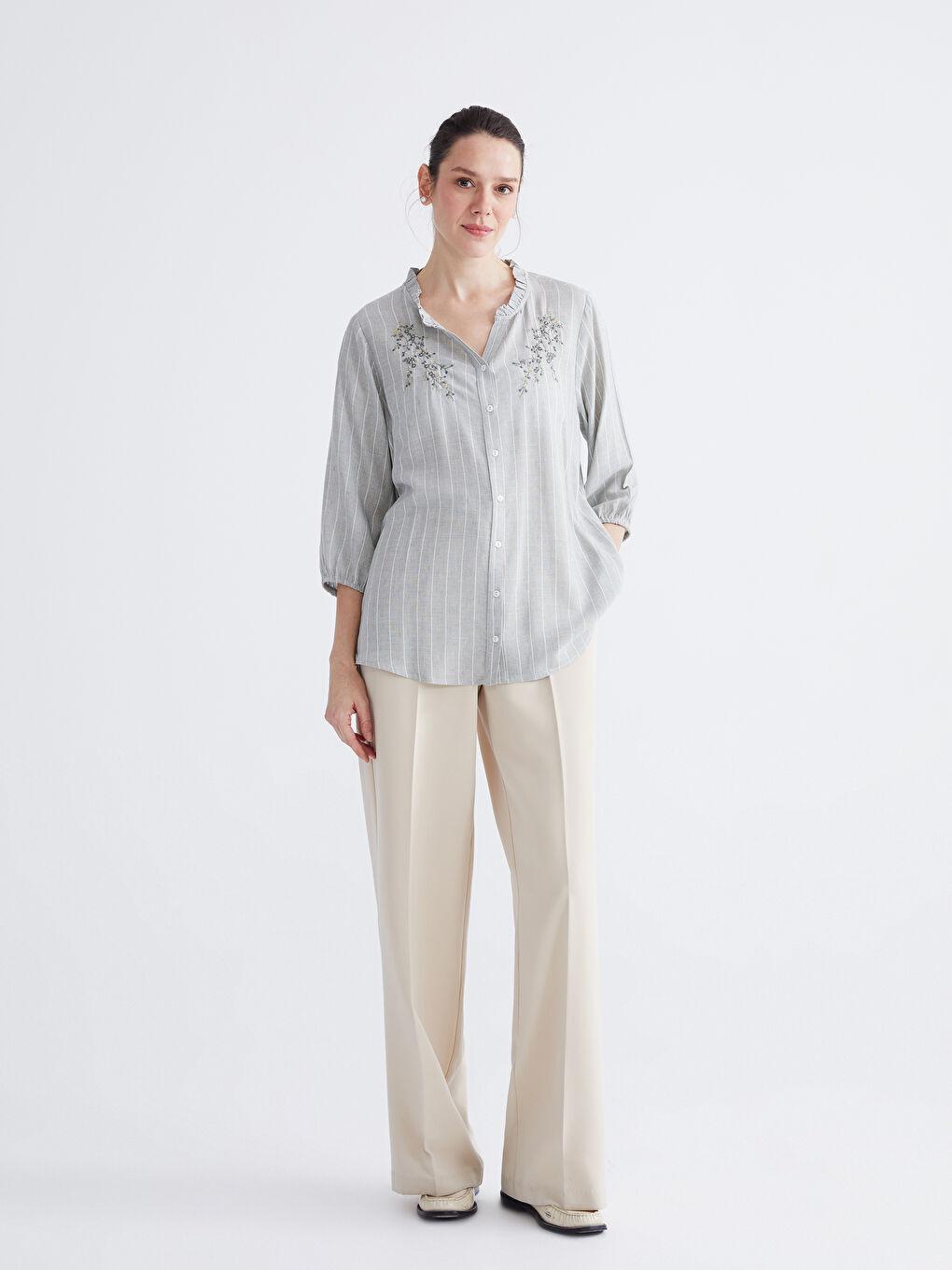 The Asymmetric Neck Striped Linen-Blend Blouse-1