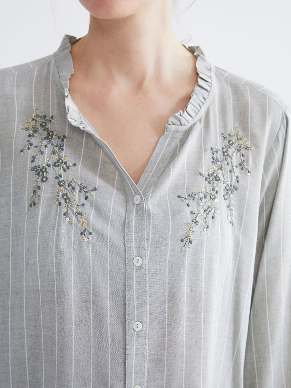 The Asymmetric Neck Striped Linen-Blend Blouse-2