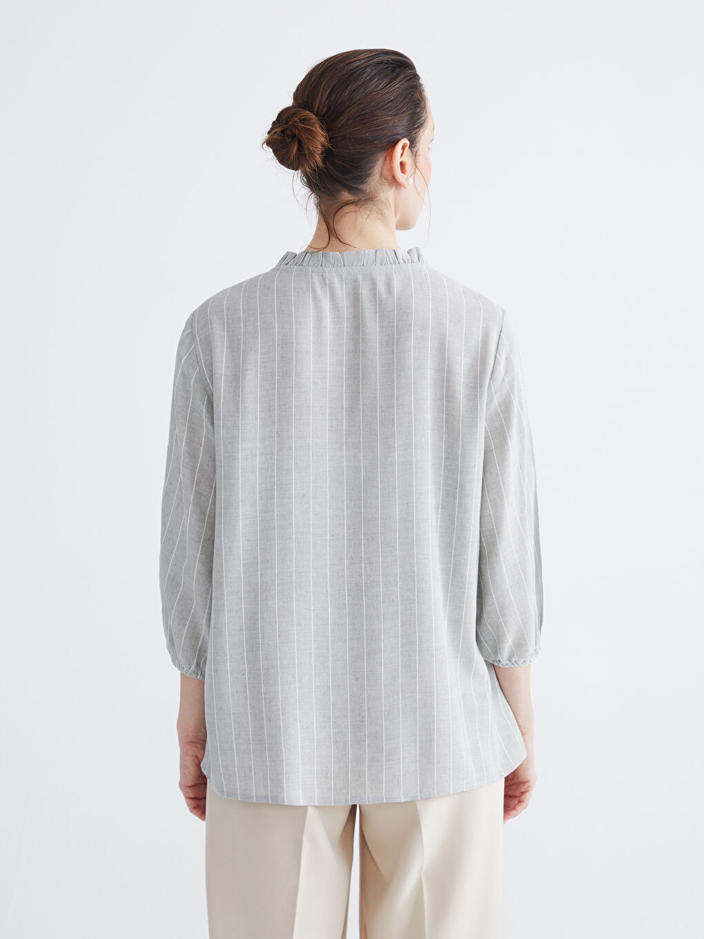 The Asymmetric Neck Striped Linen-Blend Blouse-3