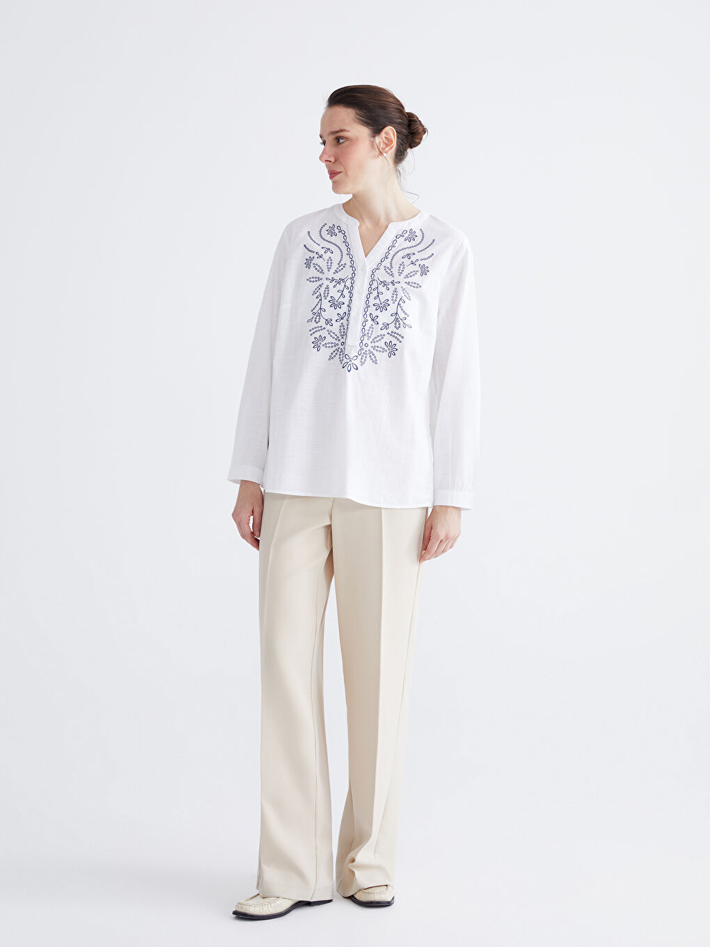 Notch Neck Embroidered Blouse-1