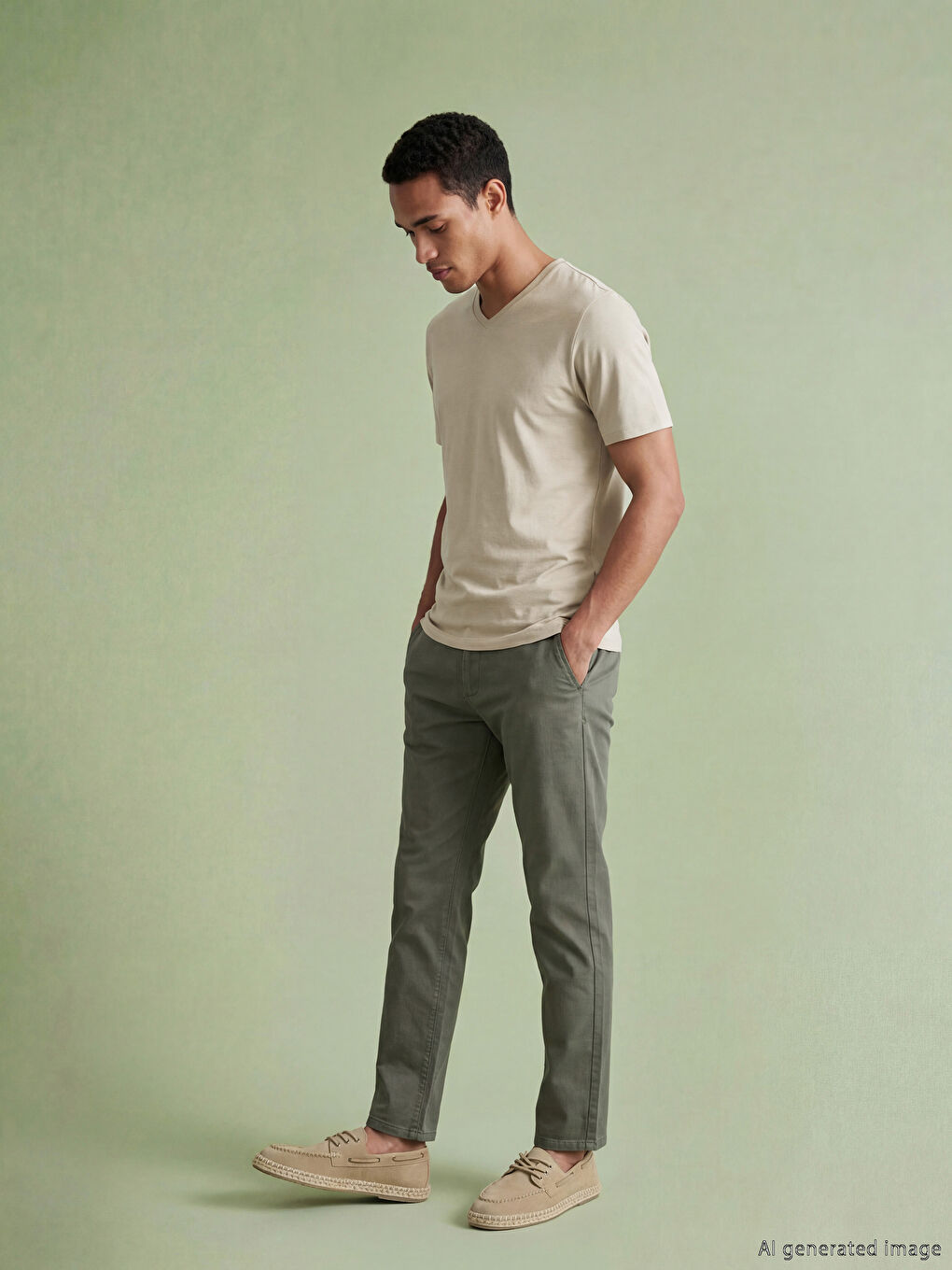 Bej V Yaka Erkek Soft Touch Tişört-3