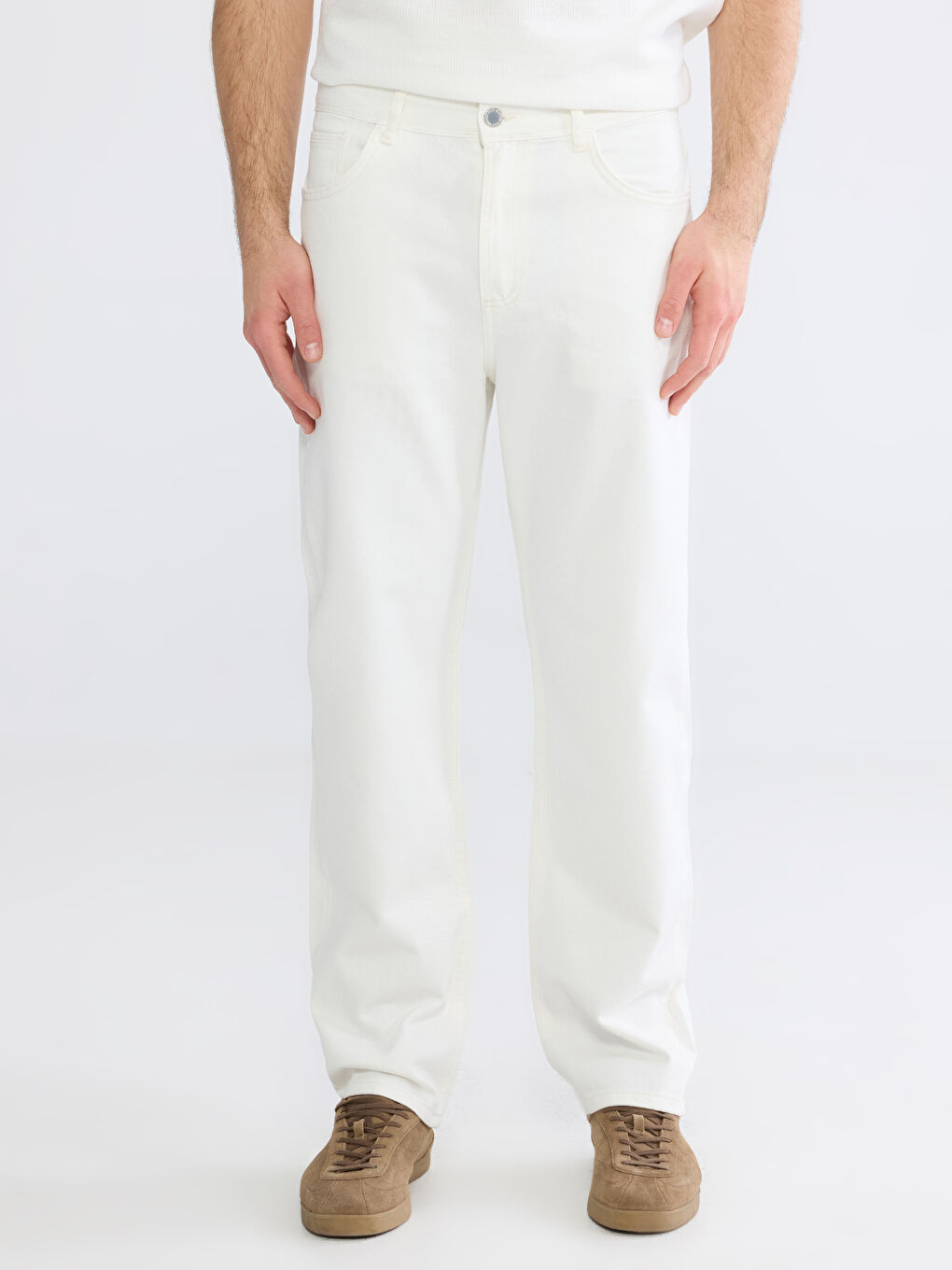 Beyaz Baggy Fit Erkek Jean Pantolon-1