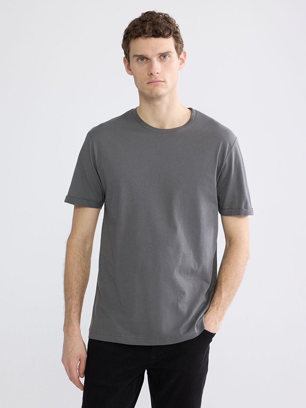 Antrasit Bisiklet Yaka Erkek Penye Tişört