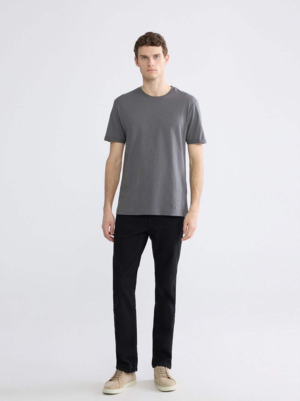 Antrasit Bisiklet Yaka Erkek Penye Tişört-1