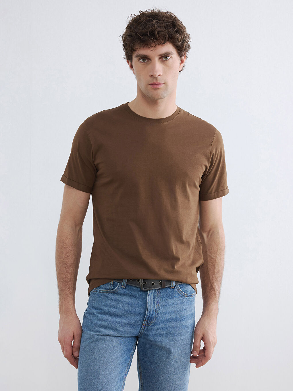 Kahverengi Slim Fit %100 Pamuk Basic Tişört