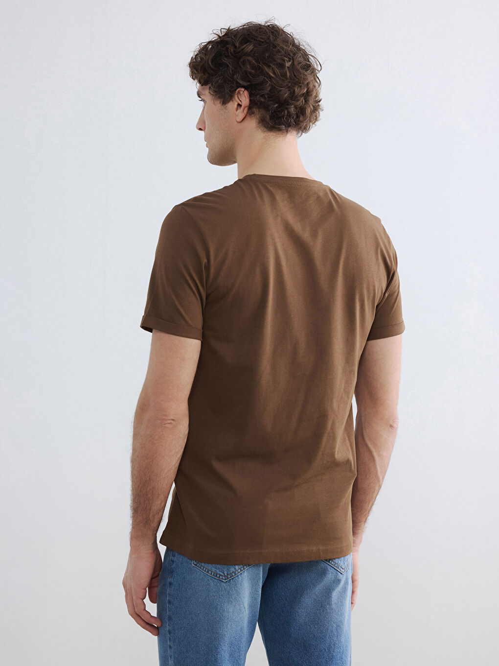 Kahverengi Slim Fit %100 Pamuk Basic Tişört-3
