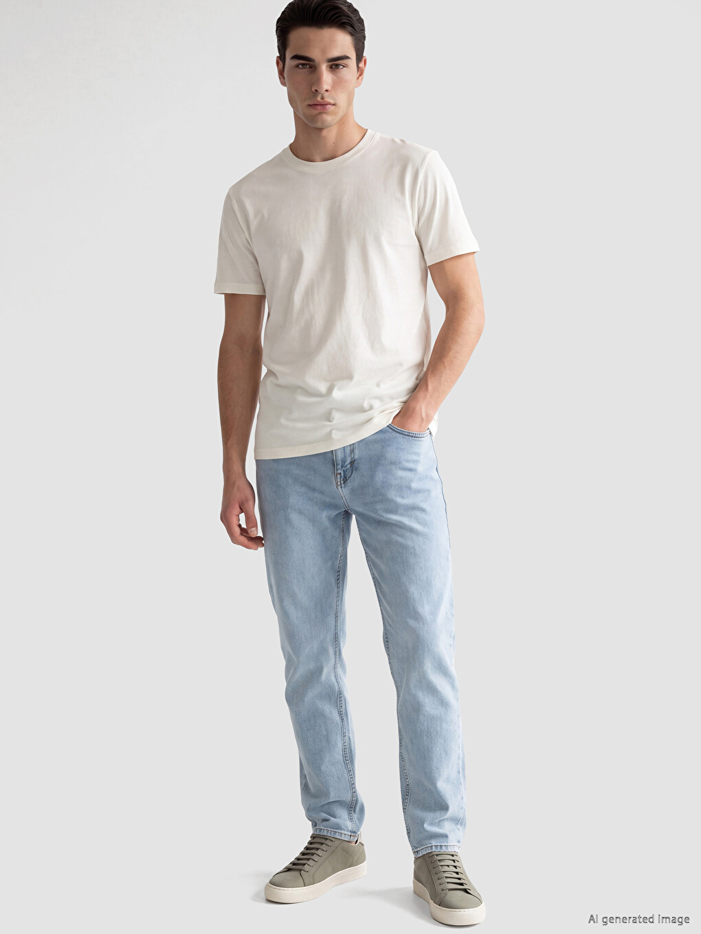 Ekru Slim Fit %100 Pamuk Basic Tişört-1