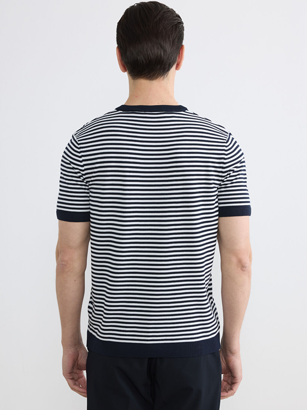 Ekru Bisiklet Yaka Çizgili Kısa Kollu Erkek Triko Kazak-3