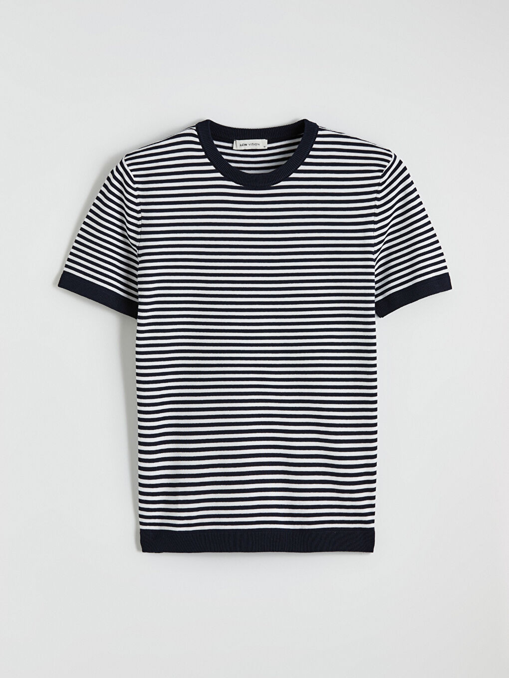 Ekru Bisiklet Yaka Çizgili Kısa Kollu Erkek Triko Kazak-4