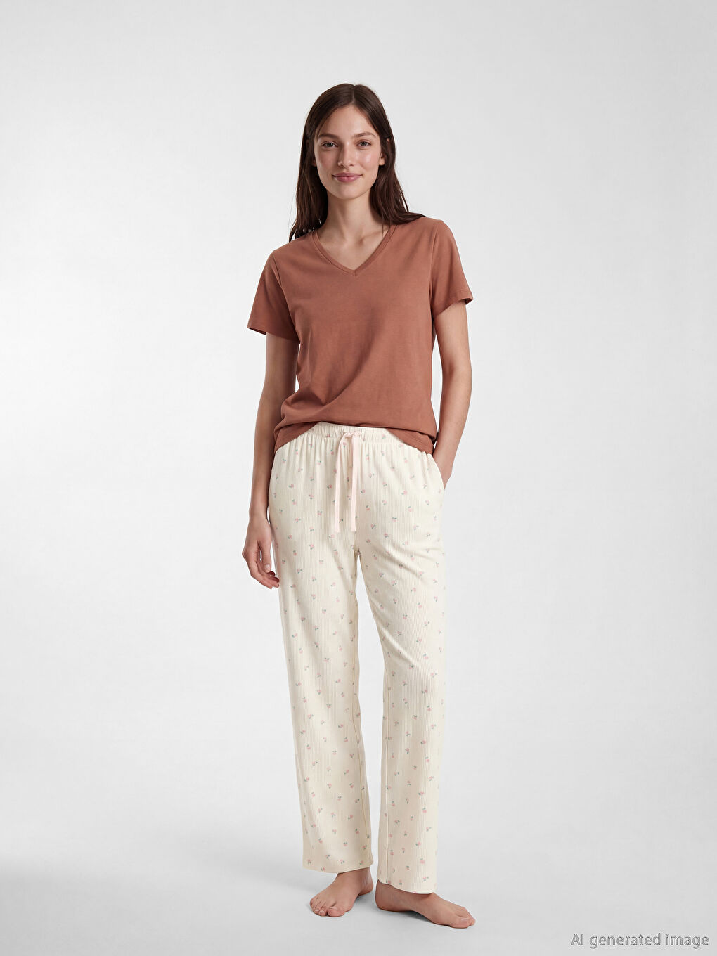 Ekru Beli Lastikli Çiçekli Kadın Pijama Alt