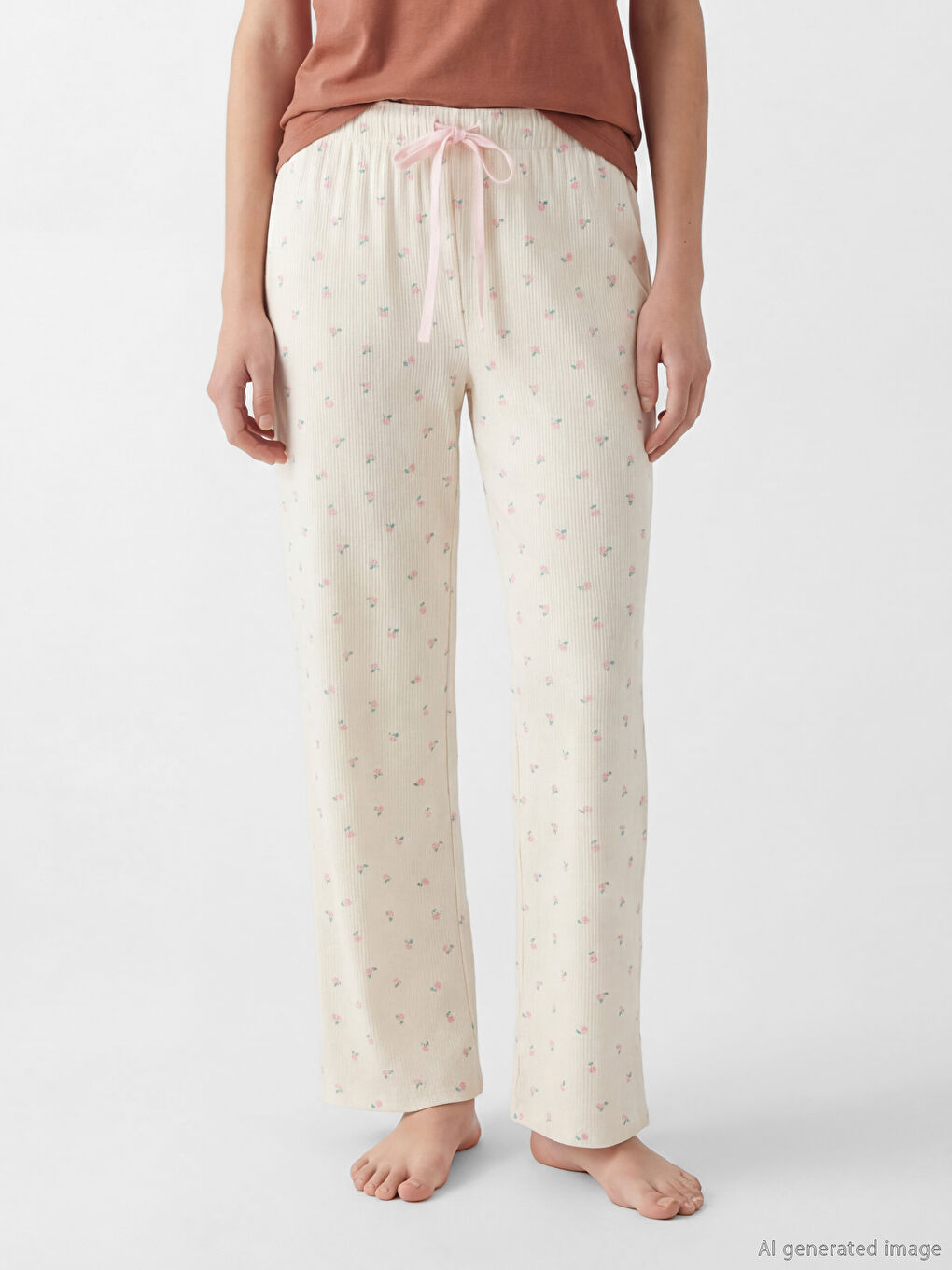 Ekru Beli Lastikli Çiçekli Kadın Pijama Alt-1