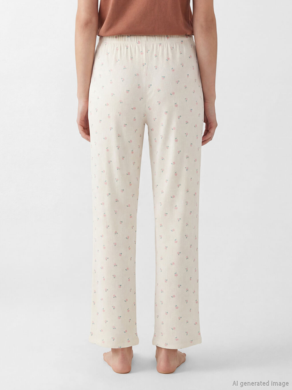 Ekru Beli Lastikli Çiçekli Kadın Pijama Alt-3