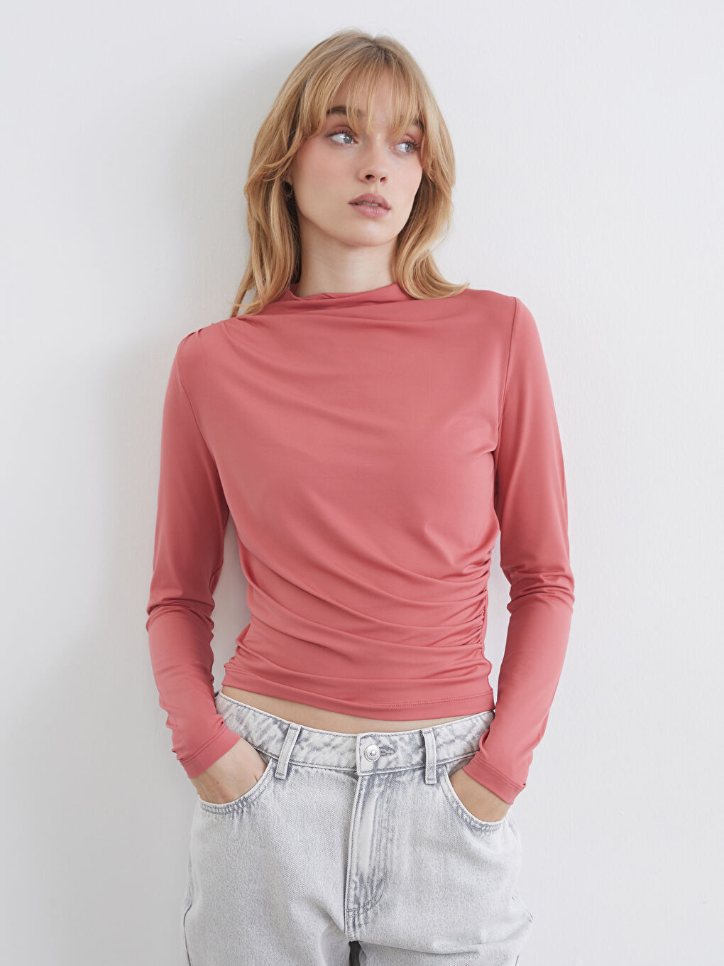 High-Neck Ruched Blouse