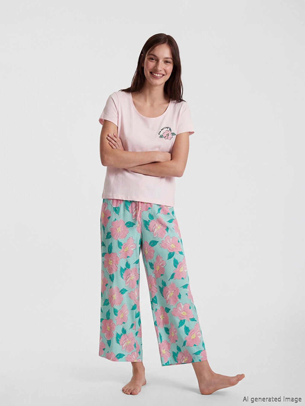 Turkuaz Beli Lastikli Çiçekli Kadın Kapri Pijama Altı