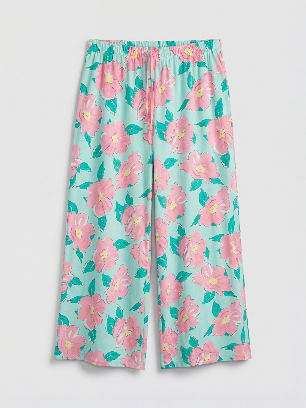 Turkuaz Beli Lastikli Çiçekli Kadın Kapri Pijama Altı-1