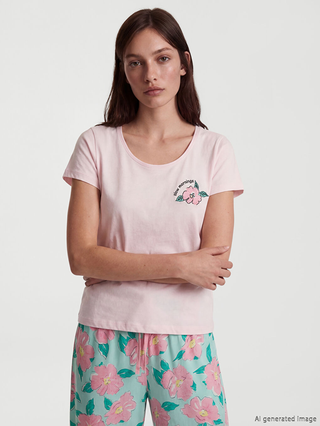 Комплект пижами Капри с кръгло деколте и цветен мотив за жени-1