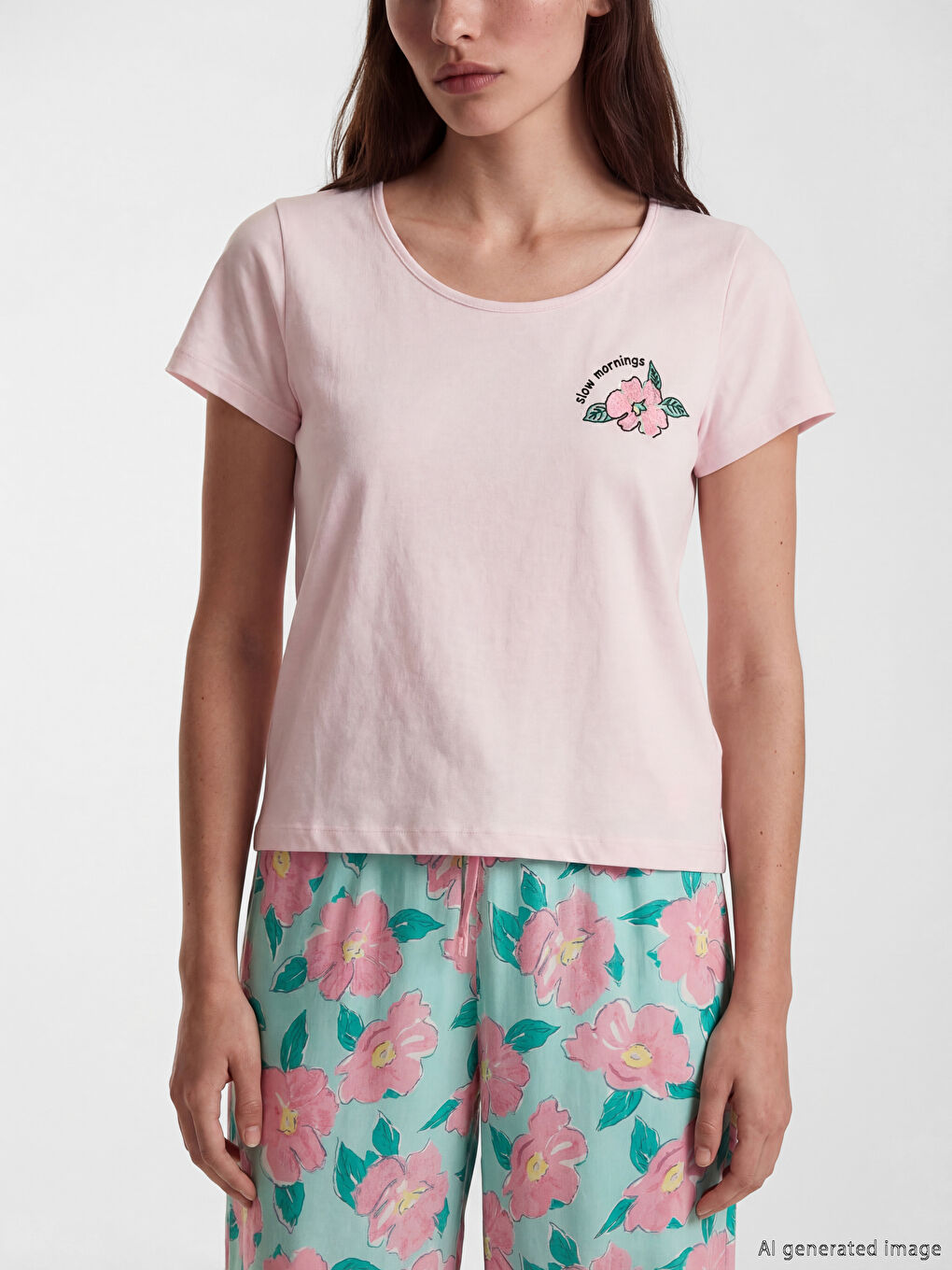 Комплект пижами Капри с кръгло деколте и цветен мотив за жени-2