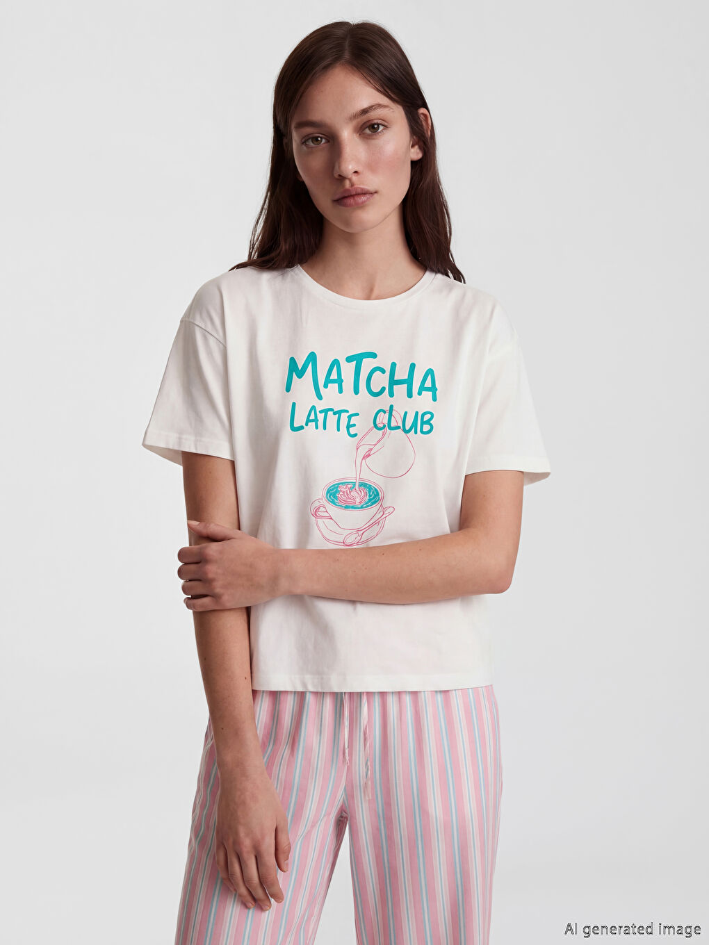 Karışık Bisiklet Yaka Baskılı Kadın Pijama Takım-1