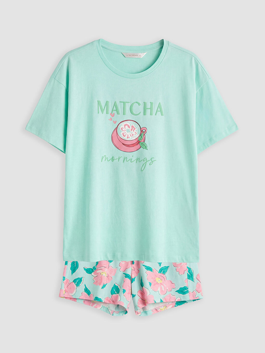 Turkuaz Bisiklet Yaka Baskılı Kadın Şortlu Pijama Takımı