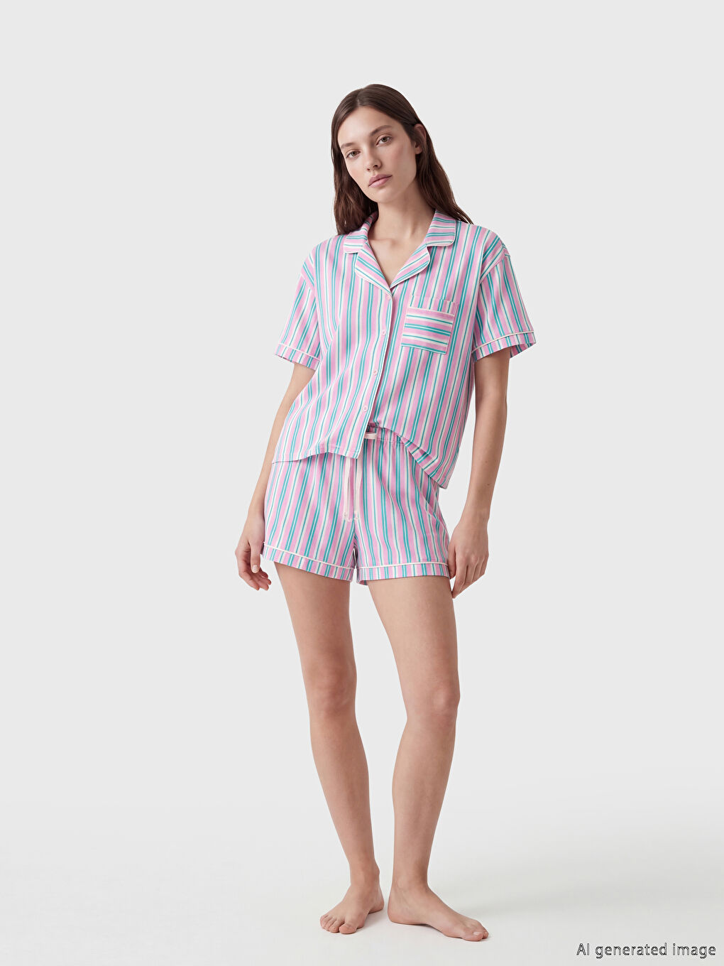 Collared Neck Striped Women's Shortie Pyjamas Set-1